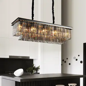 Contemporary Black Crystal Chandelier for Living Room Dining Table Kitchen Island Rectangle Pendant Lighting