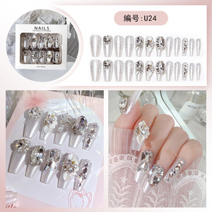 24 faux ongles à presser en acrylique, motif cœur 3D, lune, papillon, strass, nœud rose, perle, style français - Product Image 5