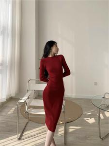 Robe longue moulante en maille à col rond, style rétro sexy, pour femme, longueur au-dessus du genou, automne-hiver - Product Image 4