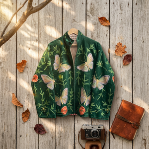 Blouson Bomber Femme en Velours Vert Respirant Tricoté Brodé Motif Papillon Floral Col Montant Style Bohème Ethnique Hiver - Product Image 5