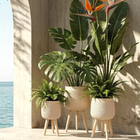 Ensemble de 3 pots de fleurs minimalistes en fibre d'argile avec rainures diagonales ondulées et pieds en bois naturel pour le salon