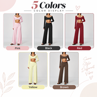 GH Promotion Ensemble de Yoga Halter Superposé Coupe Ajustée Manches Longues Effet Ventre Plat et Remonte-Fesses Pantalon Évasé Fitness 2 Pièces pour Course et Yoga