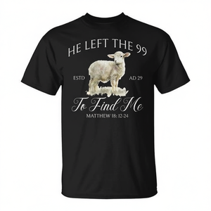 Camiseta cristiana He Left The 99 To Find Me Matthew 18:12-24 Lamb Design para adultos, unisex, manga corta, cuello redondo - Product Image 2