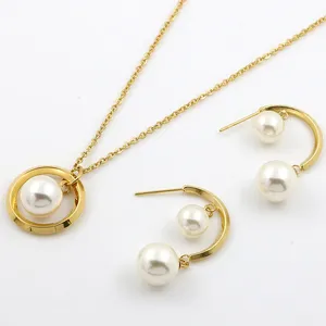 Powell Wholesale Trendy Big Pearl Ladies Necklace Earring Brass Jewelry Set