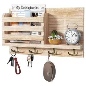 Sleutelhouder Mail Organizer Wall Mount Met 4 Dubbele Sleutel Haken Drijvende Plank Rustieke Houten Decoratieve Hanger Voor Entryway