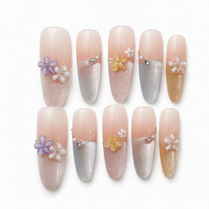 Uñas postizas 3D con diseño de flor y perla, acrílicas, de cobertura completa, con brillo degradado, forma almendrada cuadrada para dedos - Product Image 1