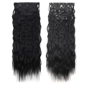 Klipsli postiş 4 adet siyah kalın saç parçası 20 "uzun dalgalı kadınlar için saç eki tam kafa sentetik Hairpieces