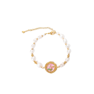 Fashion <b>Beaded</b> <b>Bracelet</b> 316L Stainless Steel PVD <b>Gold</b> Plating Sustainable Resistant Pink Pearl Design - Product Image 2