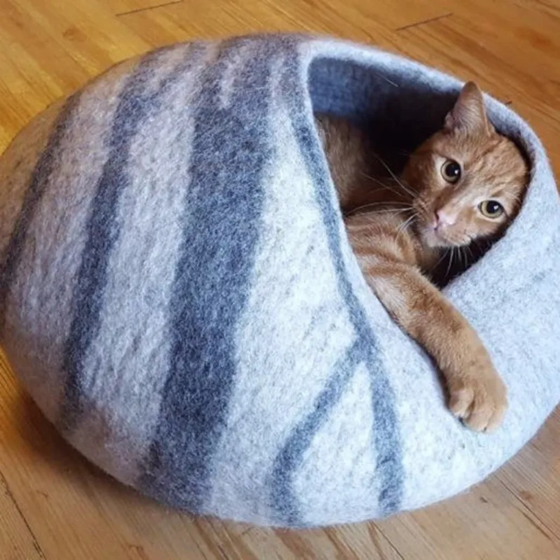 Cueva de gato de fieltro grande, lana de Merino 100% Natural, hecha a mano, casa de gato de interior, Cama de Gato suave y cómoda