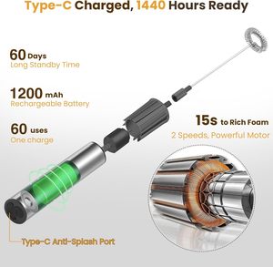 Batidora Eléctrica de Acero Inoxidable para Café, Espumador Automático de Matcha, Espumador de Leche Portátil Recargable por USB con 3 Cabezales de Batido - Product Image 4