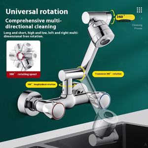 Robinet <span class=keywords><strong>mural</strong></span> en laiton à double poignée Robinet d'évier en céramique pour eau chaude et froide Bassin rotatif à double commande pour le lavage des légumes - Product Image 2