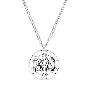 Large Silver Abstract Archangel Metatron's Cube Symbol Pendant On Long Curb Chain Necklace Lagenlook