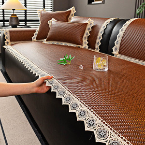Coussins de canapé d'été en soie glacée, tapis en rotin frais antidérapant, type housse, bord en osier marron, matériau PE - Product Image 2