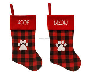 Wholesale Red Black Buffalo Plaid Christmas Stocking Baby Size With <strong>Paw</strong> <strong>Print</strong> and Meow &amp; Woof Embroidery for Holiday Season - Product Image 1