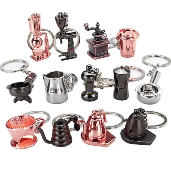 2023 Custom Logo Zinc Alloy Coffee Accessories Key Chain Milk Pitcher Grinder Kettle Coffee Tools Design Keychain