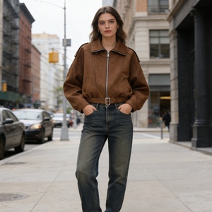 Women's <b>Suede</b> Moto Belted Waist Lapel Collar Casual Streetwear Outerwear Fashion - Product Image 1