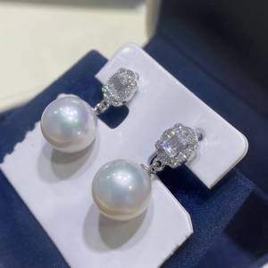 10-11mm Edison Pearl Drop Earrings, Near Round High Luster Slight Blemish Pearl, 925 Sterling Silver Rectangle Crystal earring - Product Image 2