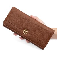 Portefeuille long pour femme en cuir PU, motif litchi, pliable en trois, avec rabat géométrique et fermeture éclair, pour pièces de monnaie et billets, style enveloppe, végétalien, en gros