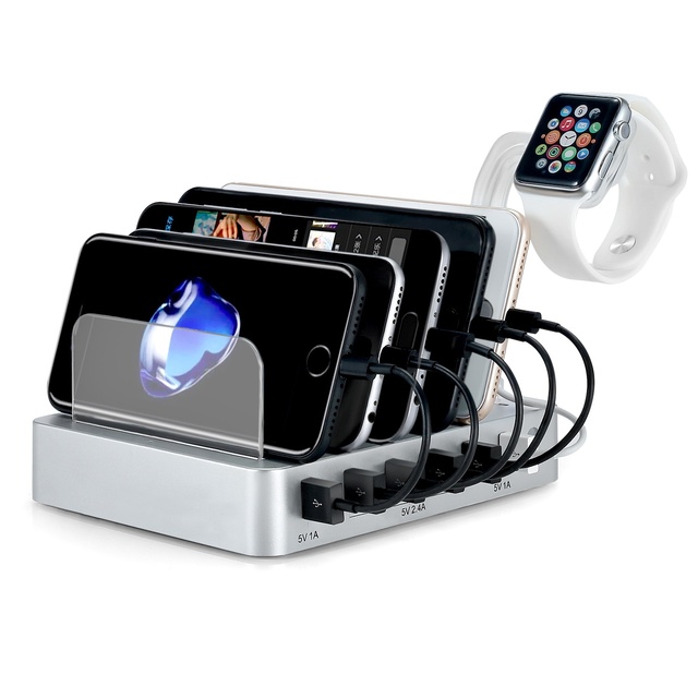 6-Port Universal Multi-Port Smart USB Charger with 50W Output and 220V Input Vertical Charging Stand for Desktop