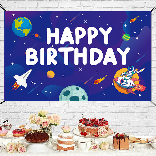 Birthday Background Banner Outer Space Astronauts Theme Boy Happy Birthday Decoration Backdrop Background