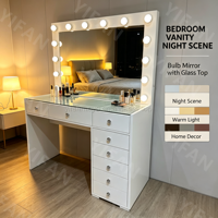 Ensemble de coiffeuse de maquillage grand format noir pas cher avec plateau en verre et miroir de maquillage à LED, organisateur, coiffeuse