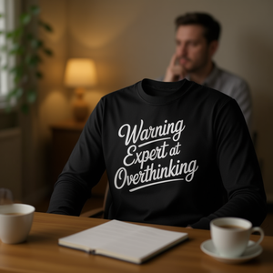 T-shirt a maniche lunghe con stampa 'Warning Expert At Overthinking', design che raffigura pensieri che fanno pensare e sono facili da identificare - Product Image 3