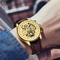 Reloj de Pulsera de Cuarzo para Hombre NYY con Esfera Hueca de Esqueleto, Caja Dorada, Correa de Cuero Marrón, Estilo Cronógrafo, Casual de Negocios