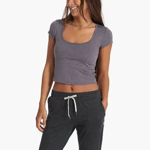 High Quality Custom Sportswear Grey Compression Fitness Workout Gym Crop Tops Skim Fit T shirt For Women