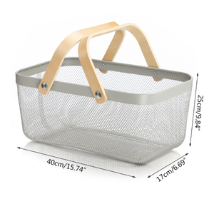 Wooden Iron Storage Basket Metal Mesh Fruit Basket <strong>Bin</strong> with Double Wooden Handle Multi-functional Wrought Iron Wire Kitchen <strong>Stor</strong> - Product Image 4