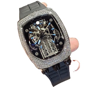 Montre-bracelet squelette mécanique automatique de luxe pour homme, boîtier tonneau de haute qualité, incrustée de diamants, style hip-hop, montre glacée - Product Image 1