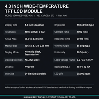 Module LCD TFT étanche IP67 de 4,3 pouces à haute luminosité, résolution 480x272, interface parallèle RVB 24 bits, fonctionnement à -30°C +85°C