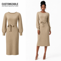 Robe midi moderne de luxe en nylon et coton, unie, entièrement antistatique, tricotée, à manches longues et nœud, pour femme, idéale pour les stations hivernales, prête à être expédiée