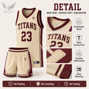 Ensemble d'uniformes de basketball professionnels en maille à motif géométrique crème bordeaux, entièrement sublimés, style universitaire américain pour équipes scolaires - Product Image 3