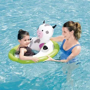 حلقة عائمة قابلة للنفخ لحمام السباحة للأطفال مخصصة من مادة pvc بحلقة سباحة على شكل بقرة مع مقعد آمن