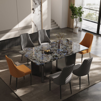 Ensemble de salle à manger moderne de luxe en pierre de cristal, table rectangulaire 6 places + base en métal créative (chaises orange/gris matelassées)