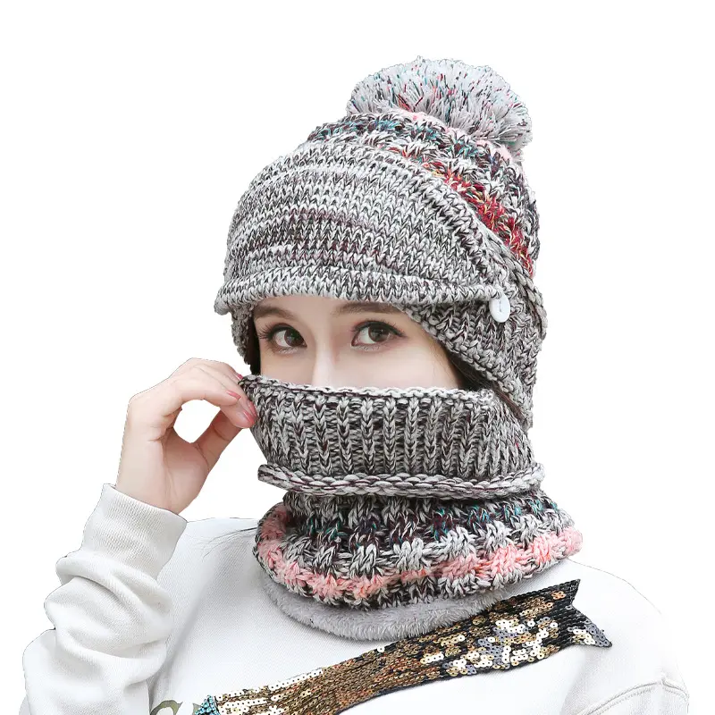 GG414-gorros 3 en 1 de lana gruesa para mujer, conjunto de bufanda y cubierta para la boca para invierno
