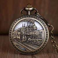 Montres de poche squelette antiques pour hommes et femmes, montre à quartz tendance en bronze avec design de train, montre de poche en alliage avec chaîne et collier