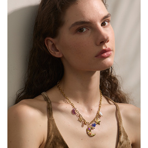 JINYOU 1342 exquisita joyería de moda de acero inoxidable esmalte Luna estrella perla simulada accesorios colgante collar - Product Image 5