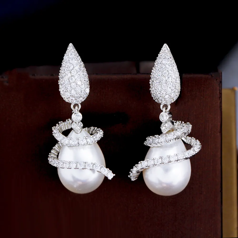 Symmetrical Rotating Cubic Zircon Drop Dangle Big Pearl Earrings Accessories for Women Elegant CZ Wedding Bridal Jewelry Gift