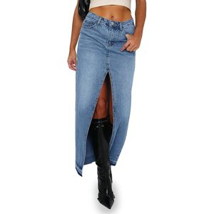Falda Larga Vaquera Fisoew para Mujer, Cintura Alta, Corte Lápiz con Abertura, Estilo Urbano - Product Image 1