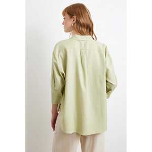 Chemise en lin à manches fendues pour femme, coupe ample, couleur menthe, boutonnée, pour tous les jours - Product Image 1