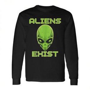 Camiseta promocional de manga larga con diseño de cabeza de alienígena verde, Aliens Exist - Product Image 2
