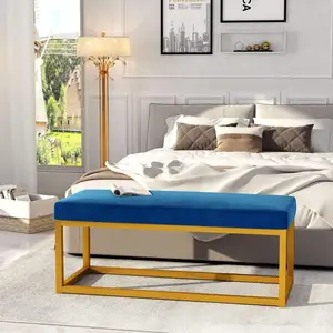 Bangku Vanity untuk ruang tamu dan bangku samping tempat tidur bangku berlapis kain penutup beludru biru murni untuk pintu masuk Ottoman pijakan kaki