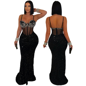 Vestido de fiesta estilo europeo de terciopelo con lentejuelas, tirantes desmontables y adornos de pedrería. - Product Image 6
