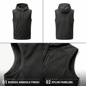 Felpa con <span class=keywords><strong>Cappuccio</strong></span> <span class=keywords><strong>Senza</strong></span> Maniche Personalizzata da Uomo, Nera con Inserti in Nylon, Tasche Laterali Nascoste e Cerniera, per Palestra - Product Image 2