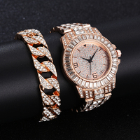 Jam Tangan + Gelang Mewah 9740, 2Pcs Set Jam Tangan untuk Pria, Modis, Emas, Es Keluar