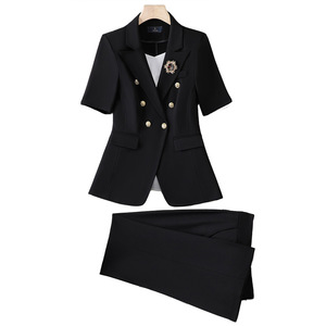 Women's Summer Short Sleeve Suit Set Black Polyester Office Lady Breathable Professional Elegant - Product Image 4