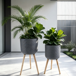 Pot de plante géométrique minimaliste en relief, grand pot pour palmier, décoration intérieure pour salon, pots à plantes avec <span class=keywords><strong>support</strong></span> trépied en <span class=keywords><strong>bois</strong></span> naturel - Product Image 1