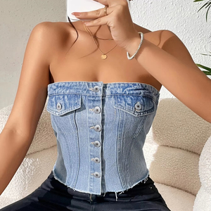 Top Corto de Mezclilla sin Tirantes para Mujer - Top Casual de Otoño a la Moda - Product Image 5