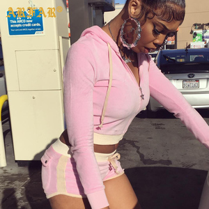 2026 New Arrivals Summer <strong>Women's</strong> Custom Two-piece Set Velvet Hooded Crop Jacket and Shorts <strong>Velour</strong> <strong>Tracksuit</strong> for <strong>Women</strong> - Product Image 3